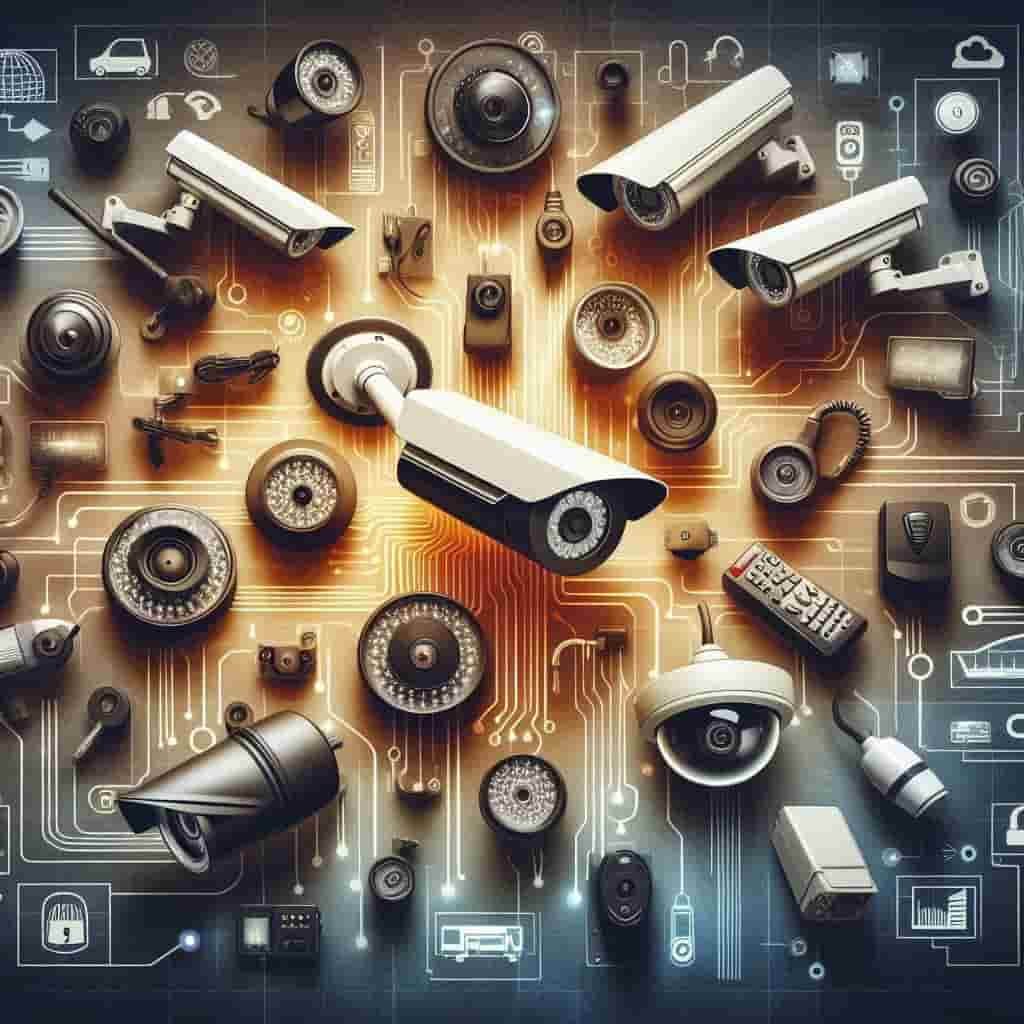 Diferentes tipos de cámaras de vigilancia enfocando para sitios diversos