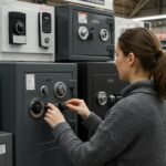 Mujer-eligiendo-entre-diferentes- tipos-de-cajas-fuertes